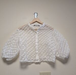 ZARA White Polka Dot Sheer Cropped Blouse Puff Sleeve Size M